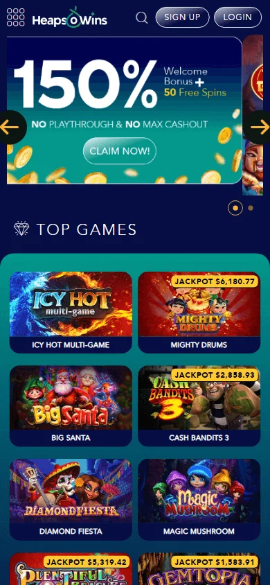 Heapsowins Casino mobile home interface