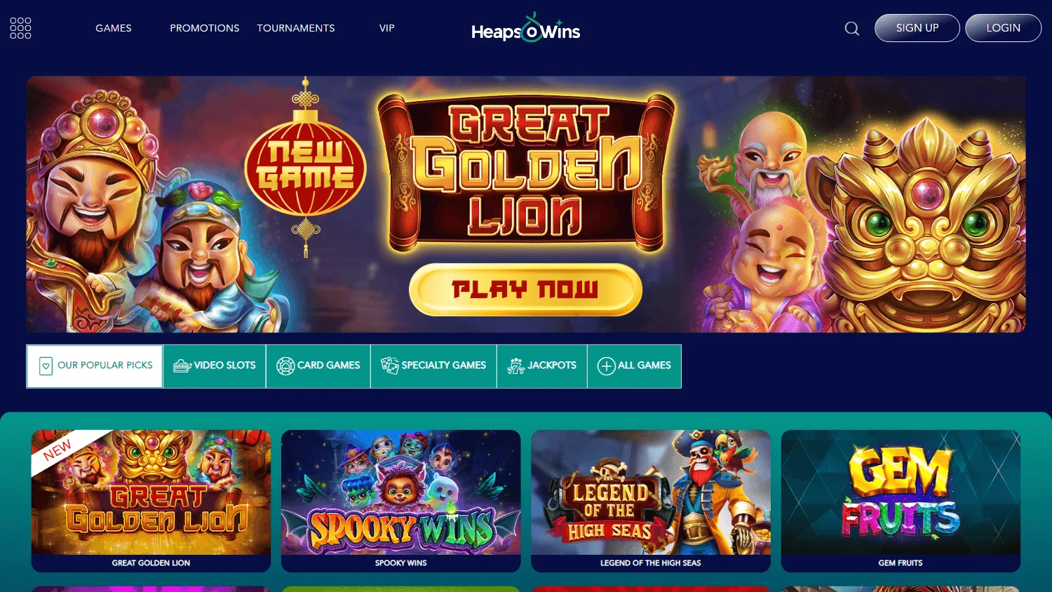 Heapsowins Casino desktop games interface with RTG casino titles