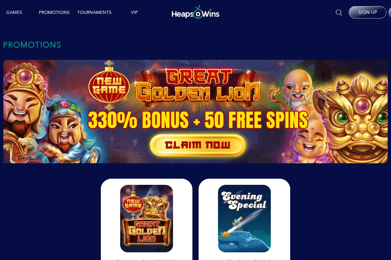 Heapsowins Casino desktop promotions interface