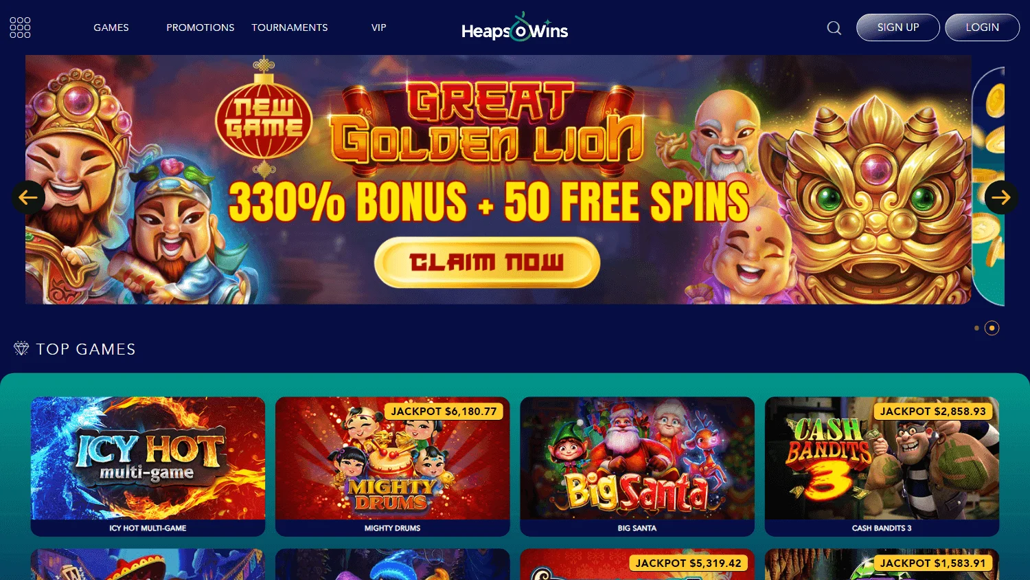 Heapsowins Casino desktop home interface