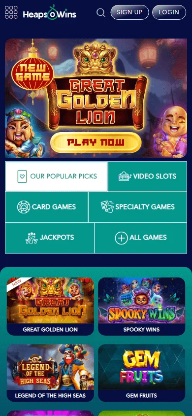 Heapsowins Casino mobile games interface with casino titles